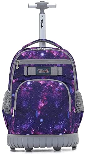 Rolling Backpack with Wheels, NEW TILAMI Boys Girls 18 Inch Wheeled Laptop Backpack for School Travel Trip Backpack, Purple Galaxy