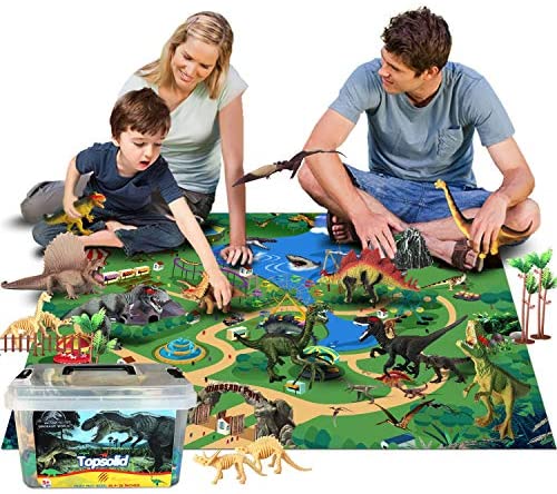 Dinosaur Toys Figures with Large Flannel Activity Play Mat 39.4 x 28 Inch, 30Pcs Realistic Dinosaur Playset Include T-Rex, Triceratops, Trees, Dinosaur Fossils etc for Kids Boys Girls