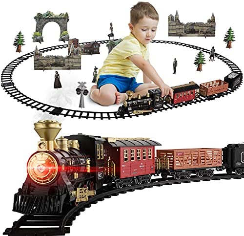 Baby Home Metal Alloy Train Set w/ Steam Locomotive Engine, Cargo Car and Tracks, Electric Train Toy for Boys Girls w/ Smokes,Light & Sounds,Gifts for 3 4 5 6 7 8+ Year Old Kids