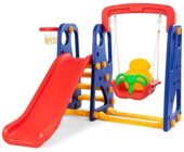 Costzon Toddler Climber and Swing Set, 3 in 1 Climber Slide Playset w/Basketball Hoop, Toss, Easy Climb Stairs, Kids Playset for Both Indoors & Backyard (3-in-1 Slide & Swing Set)