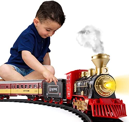 TEMI Train Sets w/ Steam Locomotive Engine, Cargo Car and Tracks, Battery Operated Play Set Toy w/ Smoke, Light & Sounds, Perfect for Kids, Boys & Girls, Red