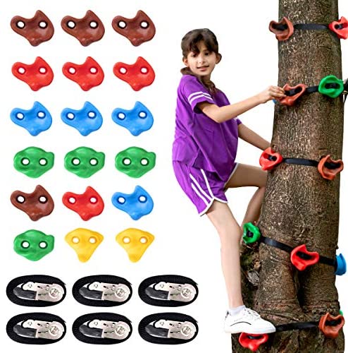 18 Ninja Tree Climbing Holds and 6 Sturdy Ratchet Straps for Kids Tree Climbing, Large Climbing Rocks for Outdoor Ninja Warrior Obstacle Course Training