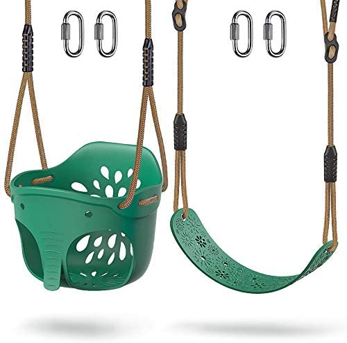 Dolibest High Back Full Bucket Toddler Swing and Heavy Duty Swing Seat Combo Pack, Cute Elephant Playground Swing Set Accessories Replacement, Adjustable Rope, 600LB Capacity, 4 Carabiners, Green