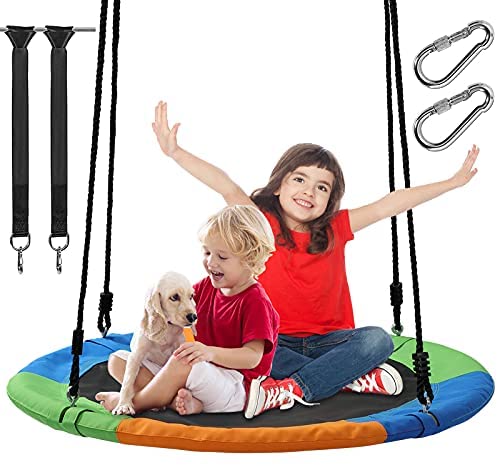 Soumns Outdoor Saucer Swing for Kids Adults Round Tree Swing with Carabiners Hanging Straps 900D Oxford Fabric for Backyard (Swing Frame Optional)