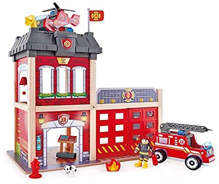Hape Fire Station Playset| Wooden Dollhouse Kid’s Toy, Stimulates Key Motor Skills And Promotes Team Play (E3023) Multicolor, L: 23.6, W: 11.8, H: 18.8 inch