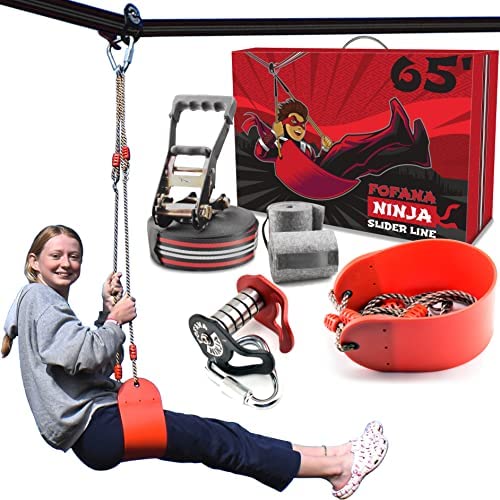 Fofana Ninja Slider Slackline Pulley Kit - 65 Ft. Slack Line Zip Ninja Course - Includes Slackline, Slider Pulley, and Swing - Ninja Warrior Obstacle Course for Kids - Sports & Outdoor Play Toys