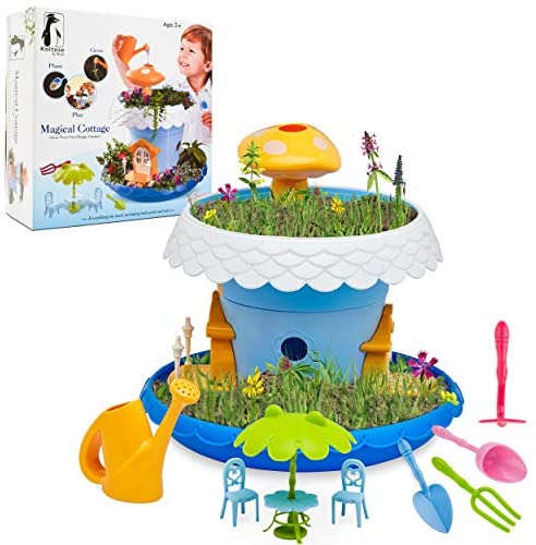 Fairy Garden Kit, DIY Fairy Garden Kit for Girls and Boys Complete With All Supplies and Accessories Including Flowerpots, Base, Watering Can, Soil, Seeds, Furniture, and Mini Gardening Tools