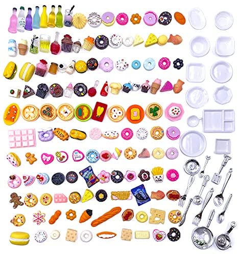 150Pcs Miniature Food Drink Bottles Adults Dollhouse Soda Pop Cans Pretend Play Kitchen Cooking Game Party Accessories Toys Hamburger Cake Ice Cream Pizza Bread Tableware Doll House Landscape Party