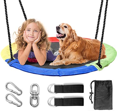 43” Flying Saucer Tree Swing for Kids Adults Outdoor, 700lb Waterproof Circle Round Swing for Tree and Swing Set, Easy to Install, Adjustable Multi-Strand Ropes Included, Spinner Swing for Children