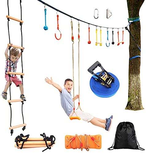 XIAPIA Slackline Warrior Obstacle Course for Kids-55FT Slackline with Swing Seat, Monkey Bars, Ring Wheel, Rope Ladder, Training Outdoor Playset & Backyard Jungle Gym