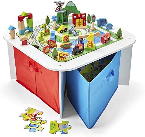 Imaginarium Wooden Ready to Play Table with Trainset, Building Blocks, Animal Figures, Chalkboard & Puzzles, for Ages 3-7, 100 Pieces, Multicolor