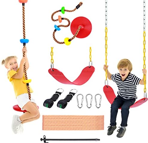 Ohuhu Tree Swing, 2 Pack Swings Seats for Kids Durable Belt Swing & Heavy Duty Climbing Rope Disc Swing Playground Outdoor Flying Swing Toys for Kids, Swingset Accessories Included Snap Hook & Strap