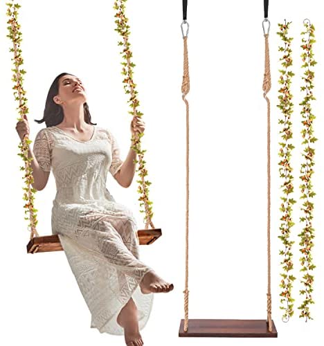 DENAGAE Large Hanging Wooden Tree Swing Seat for Children Adult Kids - with Adjustable Hemp Rope, Tree Swing Hanging Straps Kit and 2 Snap Hook Carabiner - Extra Long 23.6”x7.6”x1”