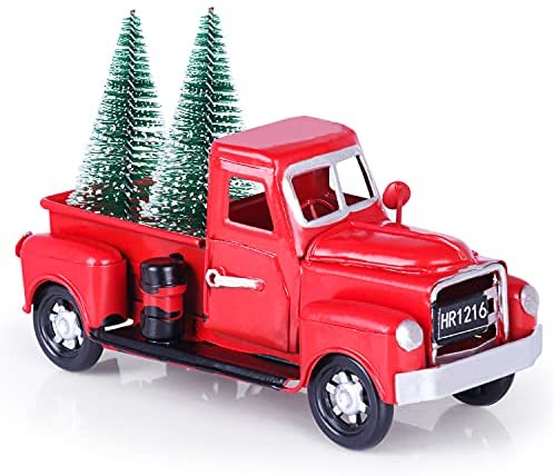 Christmas Vintage Red Truck with 2pcs Mini Christmas Trees Ornament 7