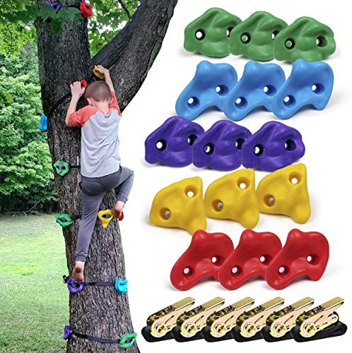 SSBRIGHT Tree Climbers, Set of 15 Climbing Holds/Steps for Kids' Outdoor Active Play with 6 Ratchet Straps