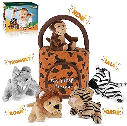 Jungle Friends Talking Plushie Set - for 3 Year Old & up Boy & Girl Baby, Realistic Sounding Stuffed Animal Toys Babies, Toddlers & Children - Lion, Elephant, Tiger, Zebra & Monkey - Carrier