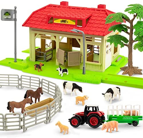 Toymany Farm Animals with Barn, Big Barn House with Farm Animals Figures Tractor Fence and Tree - Farm Animal House Toys - Learning Christmas Birthday Gift for Kids Toddlers