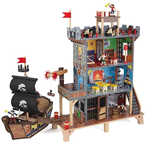KidKraft Pirate's Cove Wooden Ship Play Set with Lights and Sounds, Pirates and 17-Piece Accessories, Gift for Ages 3+ , Brown