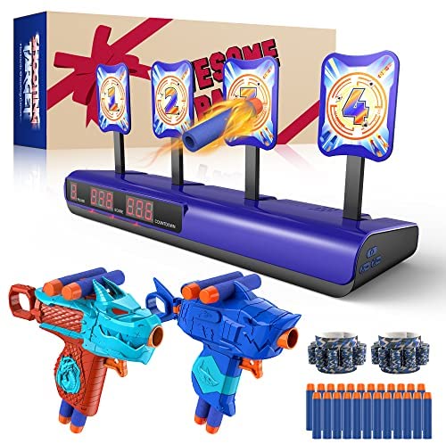 FunGether Electronic Shooting Target with 2 Blaster Toys for Nerf, Scoring Auto Reset Digital Targets Set with 24 Soft Foam Bullets 2 Dart Bands for Boys and Girls