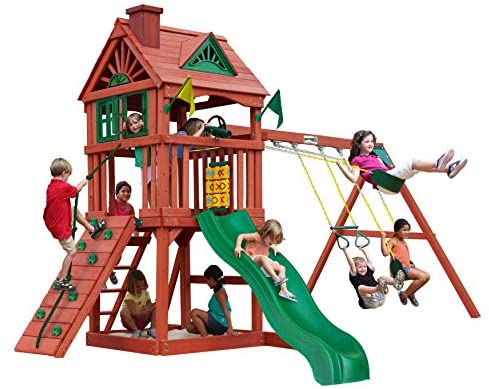 Gorilla Playsets 01-0021 Nantucket II Wood Swing Set with Wood Roof, Two Swings, Slide, Sandbox Area, Rock Wall, Redwood Color