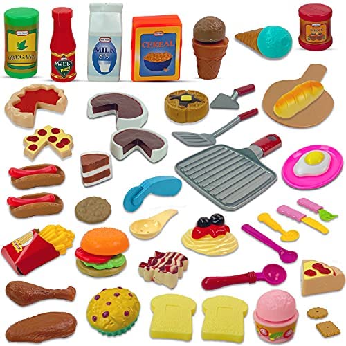 Liberty Imports Gourmet 50 Piece Pretend Play Food Assortment Toy Set for Kids with Pan, Kitchen Tools, Breakfast, Fast Food, Ice Cream, Desserts