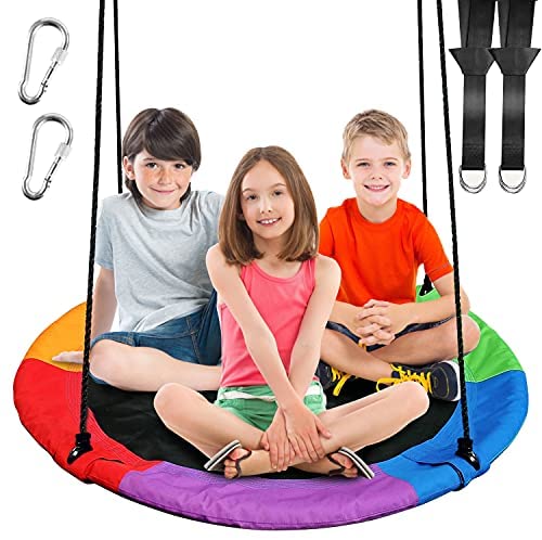 Saucer Tree Swing for Kids, 40 Inches Round Outdoor Flying Swing Sets, Platform Swings with Hanging Straps Adjustable Ropes for Outside, Colorful Rainbow Web Net Swings for Children Adults Backyard