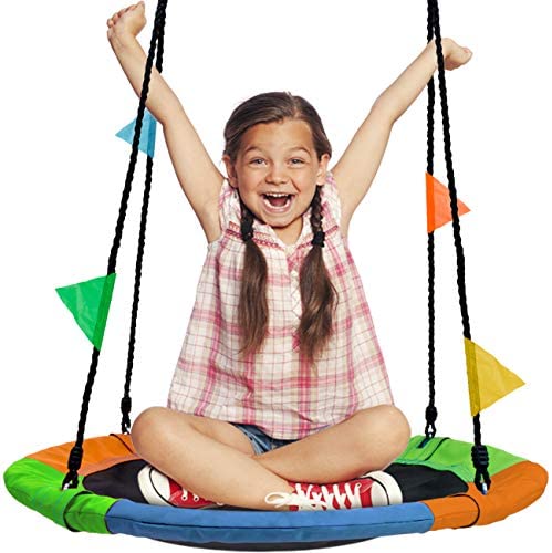 Sorbus Saucer Tree Swing in Multi-Color Rainbow – Kids Indoor/Outdoor Round Mat Swing – Great for Tree, Swing Set, Backyard, Playground, Playroom – Accessories Included (Round – 24”)