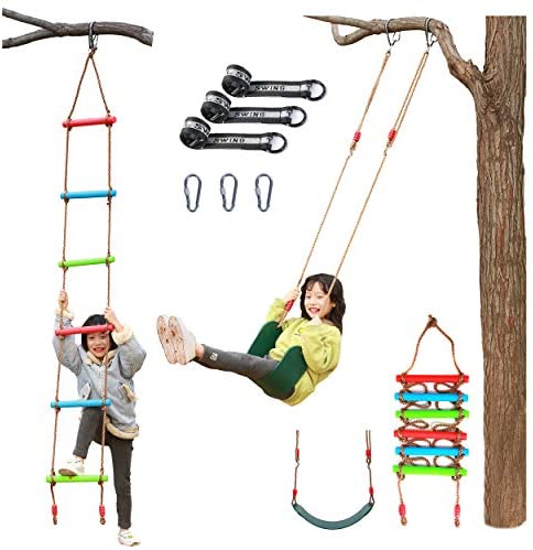 Kids Tree Swing Set for Backyard Indoor Outdoor with EVA Seat (Green,U-Shape) +Playground Jungle Gym Plastic Climbing Ladder with Nylon Rope(Colorful,7.2ft),FFKHYCA 2Pack Ninja Warrior Obstacle Course