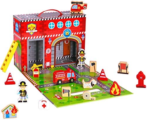 Pidoko Kids Fire Station Playset - 19 Pcs - Magnetic Portable Box - Easy Storage - Perfect Travel Toys Gift Set for Boys and Girls - 3 Year Old and Up - Wooden Accessories