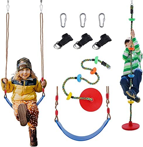 Swing Set 2 Pack Outside Adjustable Swing Seat and Tree Climbing Rope with 1 Disc Swing Seat and Platforms, Outdoor Swings Seat with Strap and Locking Carabiner, Tree Backyard Playground Swing for Kid