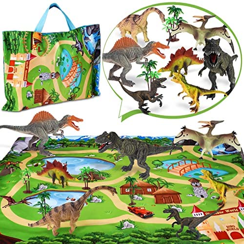 Dinosaur Toys Figures with 2 in 1 Play Mat/Storage Bag & Trees,7PCS Dinosaur Playsets Large Dino World Realistic Dinosaurs Set Educational Games Toys Ideal Gifts for Kids Toddlers Boys & Girls