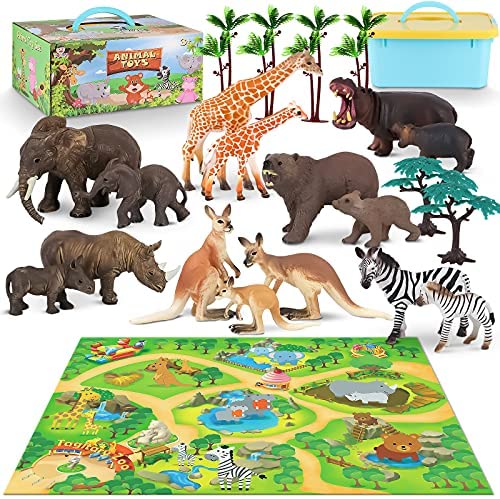 Animal Toy for Toddlers Zoo Animals Figures Play Set with Activity Play Mat and Trees, Realistic Jungle Animal Figurines Mom&Baby Animal Set with Elephant, Giraffe, Zebra Toy for Kids 24 Pieces
