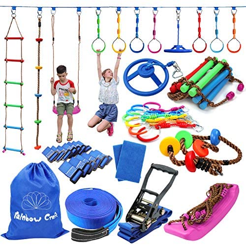 Rainbow Craft 50ft Ninja Warrior Obstacle Course for Kids - Ninja Slackline, 12 Removable Buckle Loops, 12 Ninja Attachments, Ninja Course Training Equipment for Outside