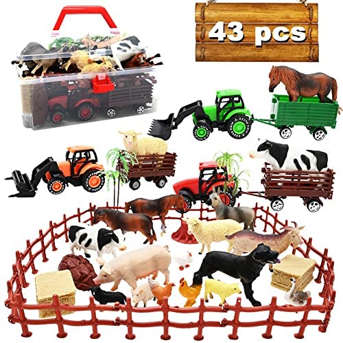 3 Pack Farm Toy Tractor with 40pcs Plastic Farm Animals Figurines and Fence Farm Playset, Farm Figures Farmer Vehicle Toy Truck with Trailer for 3-12 Years Old Kids Boys Girls Toddlers