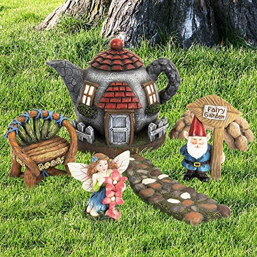 Fairy Garden Gnome Accessories Kit - Hand Painted Miniature Teapot Fairy House Figurine Set of 6 pcs, Indoor & Outdoor Holiday Ornaments Gifts for Girls Boys Adults, Yard Lawn Decor
