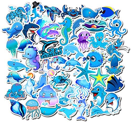Cute Blue Sea Ocean Fish Stickers 49 Pcs/Pack Aesthetic Waterproof Vinyl Cartoon Sticker Bomb Decal for Bathroom Locker Laptop Computer Refrigerator Suitcase Helmet Wall Kid Adult Women Child Teen