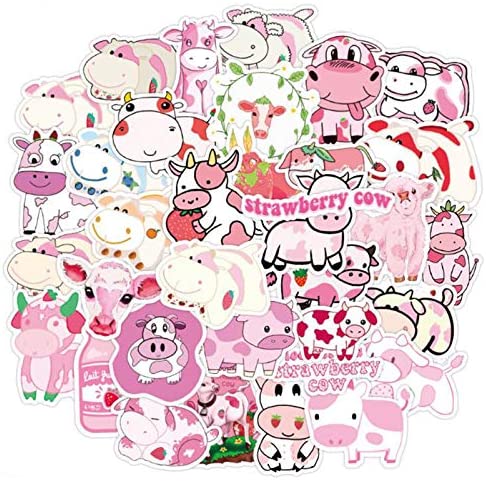 QXY 100pcs Starwberry Cow Stickers for Water Bottle, Trendy Stickers for Laptop,Phone, Waterproof Decal for Kids and Teen Gifts
