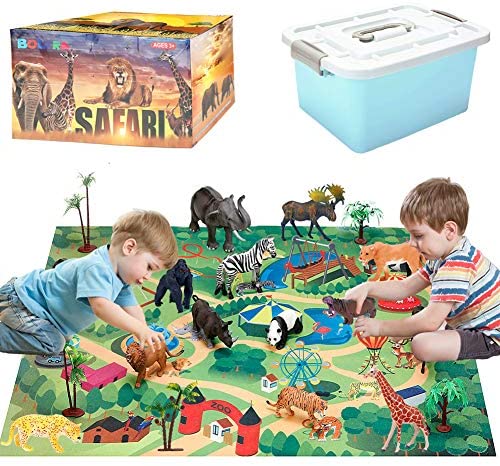 Safari Animals Figurines Toys with Activity Play Mat & Trees, Realistic Plastic Jungle Wild Zoo Animals Figures Playset with Elephant, Giraffe, Lion, Gorilla for Kids, Boys & Girls, 22 Piece
